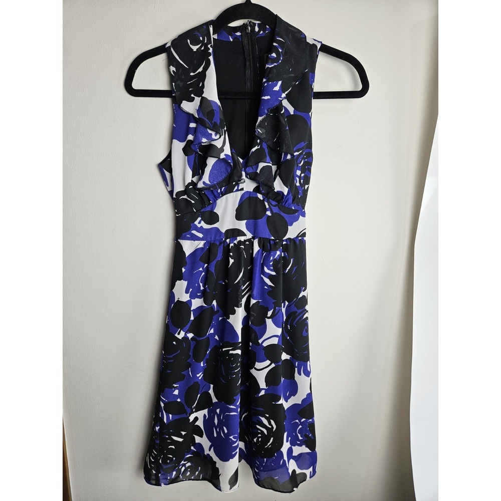 Trulli Size 4P Blue & Black Floral Dress Lined‎ Flutter V-Neck Collar Sleeveless